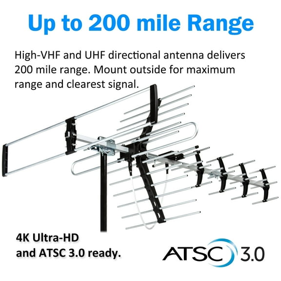Five Star 2025 Outdoor HDTV Antenna - 200 mile Long Range - Attic/Roof Mount - 4K 1080P VHF UHF, Black & Silver
