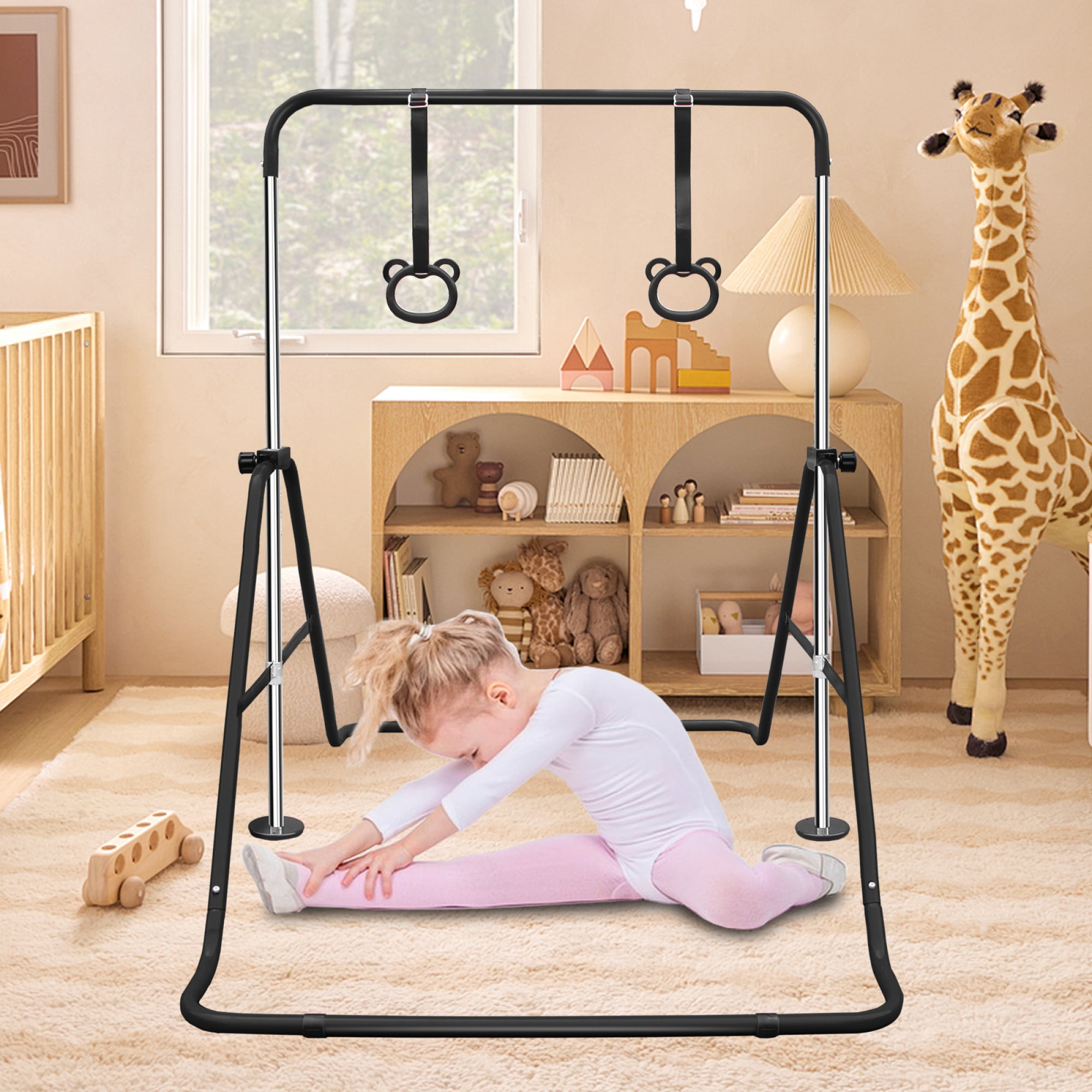 Gymnastics Bar for Kids,Adjustable Height Gymnastic Horizontal Bars with Bear Rings,Folding Junior Training Kip Bar for Kid Gymnasts, Child, Girl, Boy,Black