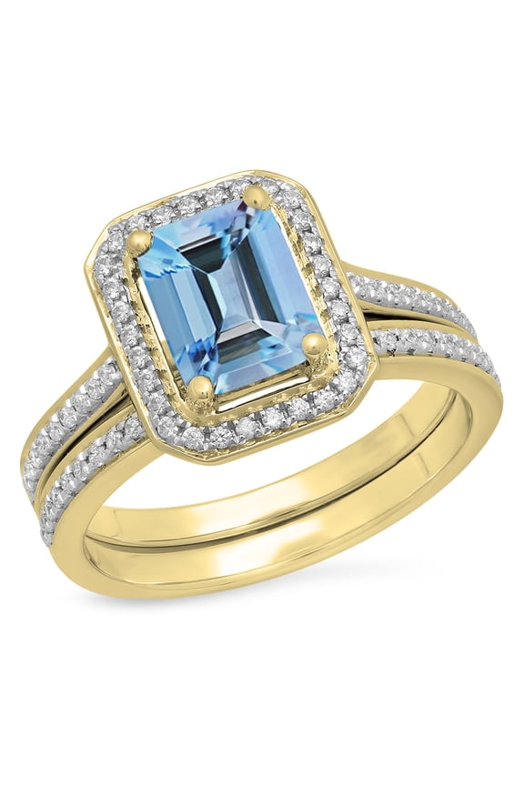 Collection 3.20 Carat (ctw) 10K Emerald Sky Blue & Round White Cubic Zirconia Ring Set, Yellow Gold, Size 6