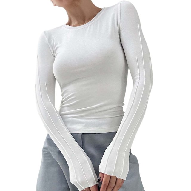 Gibobby Playera Termica Para Mujer Camiseta de manga larga para mujer, cuello redondo, ajustada, sexy, básica(Blanco, L)