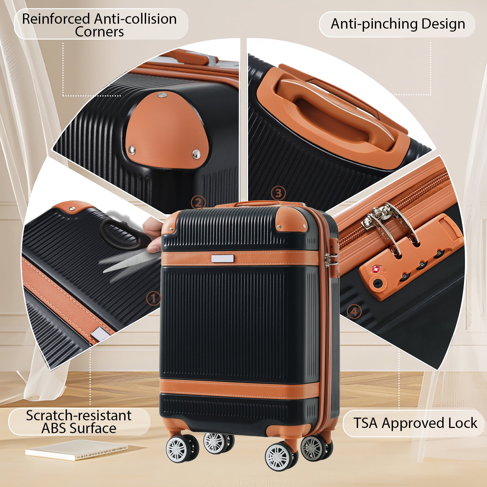 3-Piece Hardshell Luggage Set, 20 Inch ABS Carry-On Suitcase with 360° Silent Spinner Wheels & TSA Lock, Expandable Duffel & Toiletry Bag for Travel Business