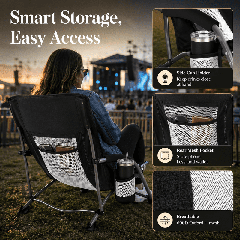 Simple Deluxe Folding Low Beach Chair for Adults, Lightweight Breathable Mesh Back & Storage Pockets Camping Chair with Cup Holder & Padded Armrests, 250 LBS Capacity, Lawn, Picnic, Sand, Black