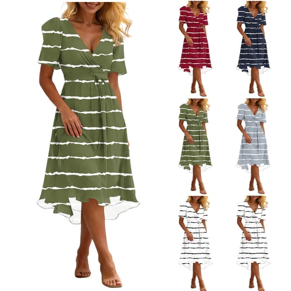 Fengqque Women's Casual Summer Dress Striped Print Knee-length Dress V Neck Short Sleeve A-Line Dresses White-A XL(XL)