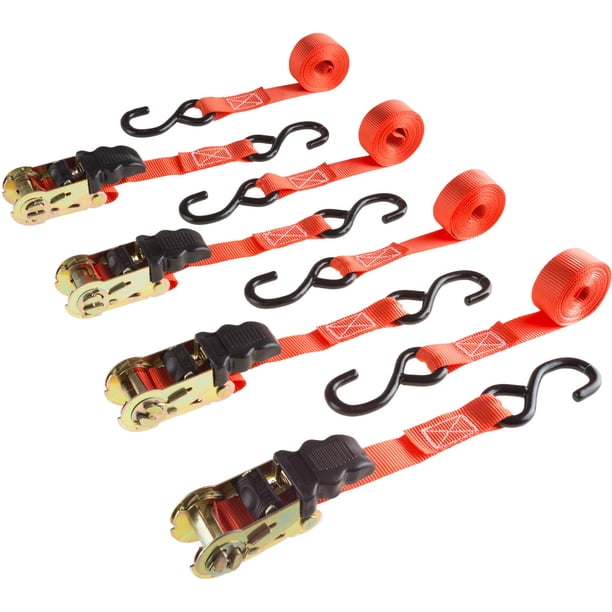 Stalwart Ratchet Tie Down Straps 10 Ft 1500 Lb Break Strength Cargo Straps For Camping Hunting Moving In A Truck Trailer Roof Rack 4 Pack Walmart Com