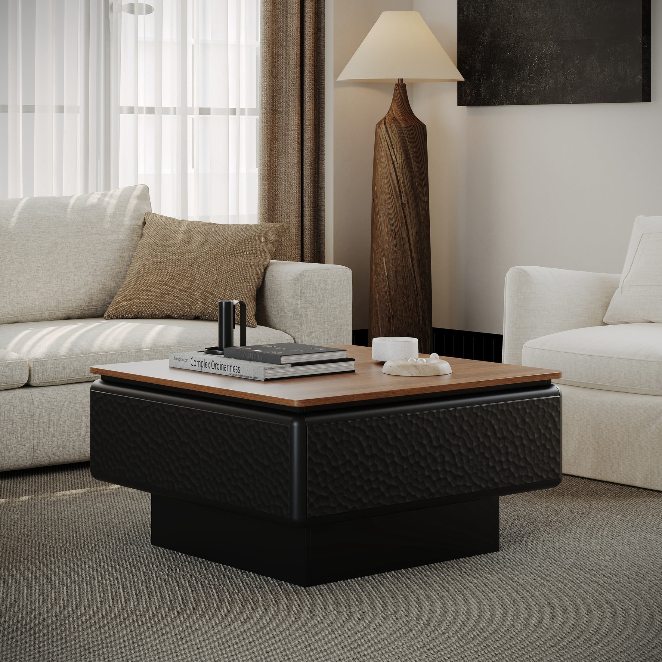 Noble House Millo 31" Square Lift-Top Coffee Table with Hidden Storage, Hammered Texture Center Table, Black & Brown