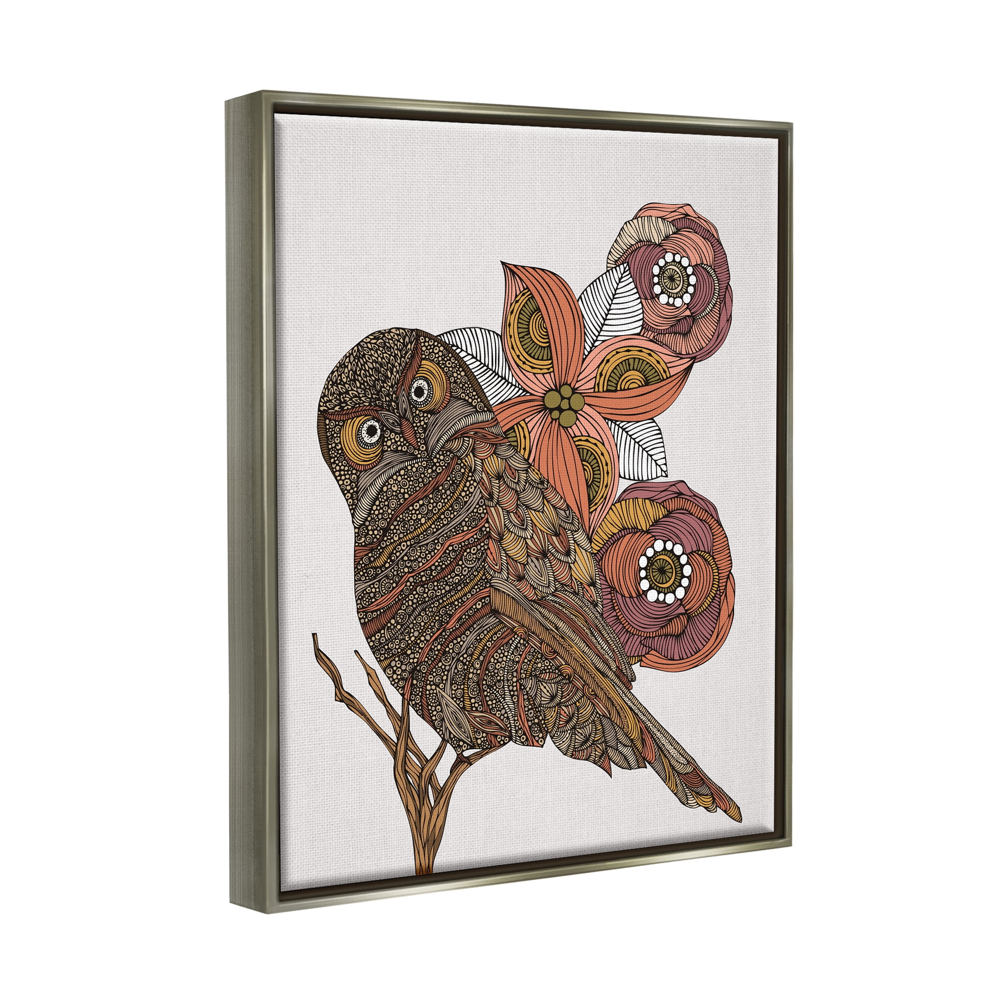 Stupell Industries Elaborate Patterned Owl Flower Blossom Stripes Detail Graphic Art Luster Gray Floating Framed Canvas Print Wall Art, Design by Valentina Harper