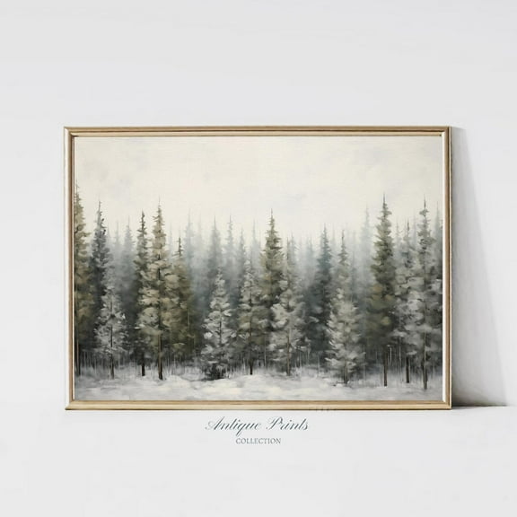 Pine Tree Forest Wall Art, Winter , Winter Farmhouse Decor, Rustic Snowy Landscape Horizontal Poster, 645, Unframed Canvas Size 8x12
