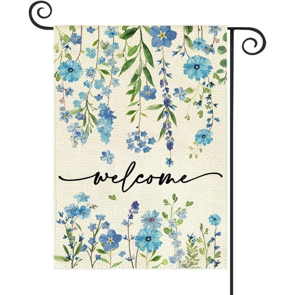 AMHNF Spring Summer Welcome Garden Flag 12 x 18 inch Funny Blue Floral Spring Small Yard Flag Burlap Double Sided Vertical Seasonal Farmhouse Wedding Yard Outdoor Decoration