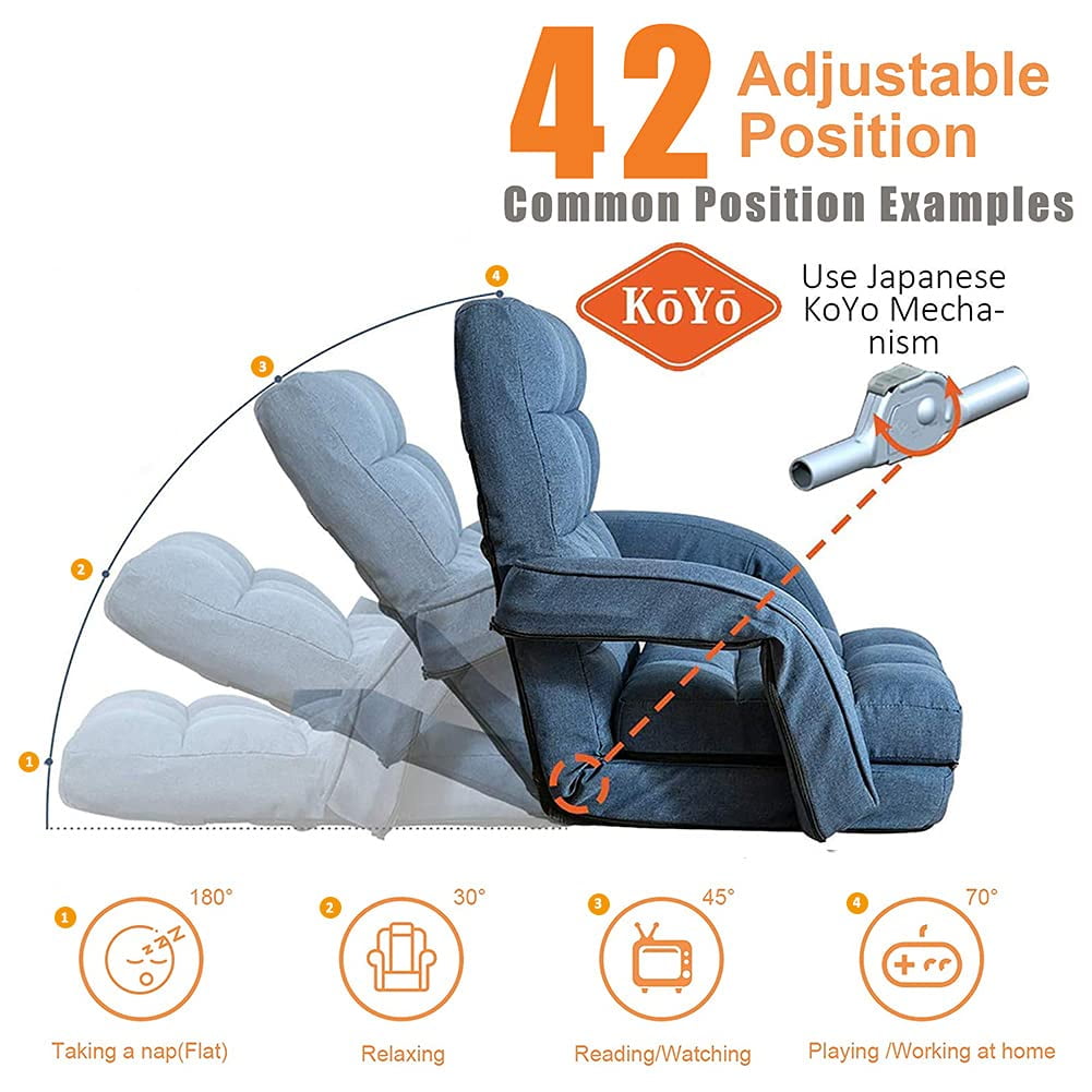 14-Position Adjustable Floor Chair, Chaise Lounge Indoor, Folding Lazy Sofa with Armrests and a Pillow Padded Adults Gaming Chairs for Living Room, Bedroom