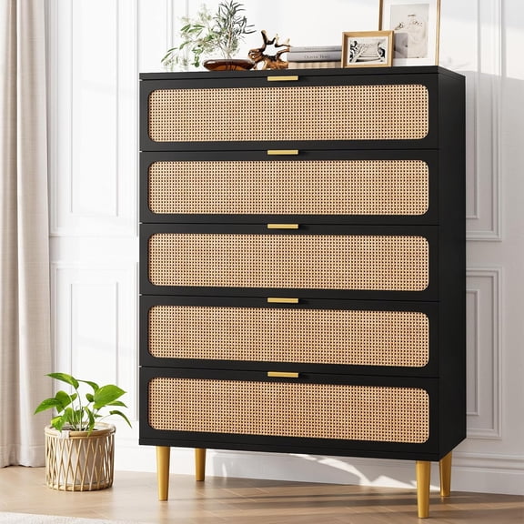 5-Drawer Rattan Dresser with Deep Storage - Tall Chest of Drawers for Bedroom Living Room Entryway - Black
