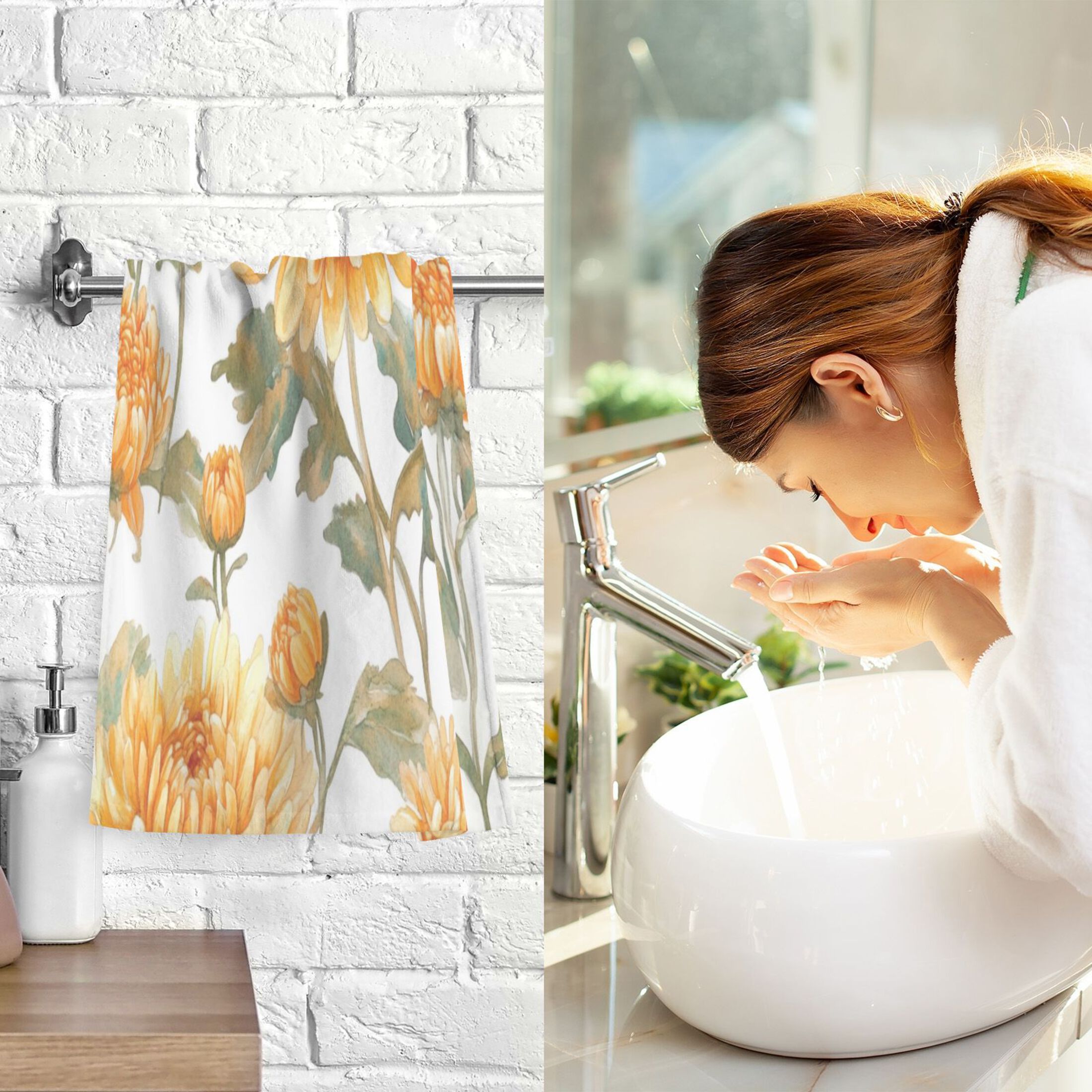 Cotton Towel Two-Piece 16x28 Inch One Sizex2 Face Towel Set Towel Set Cotton Hand Bath Towel Bathroom Beach Chrysanthemums Yellow
