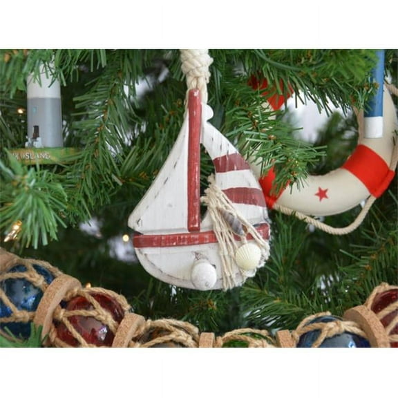 Wooden Rustic Red Sailboat Model Christmas Tree Ornament
