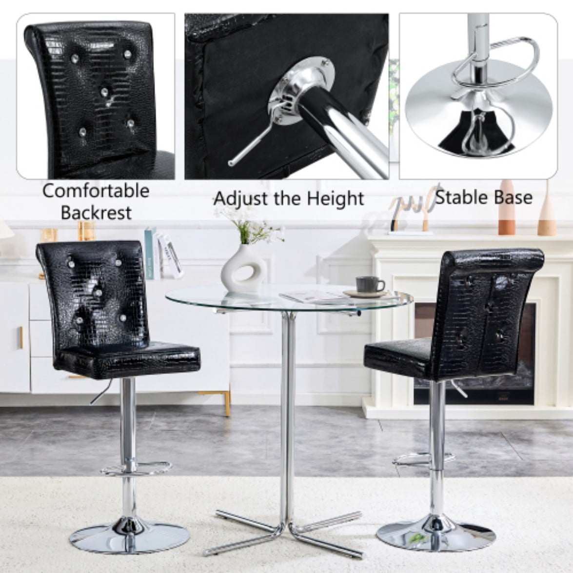 Set of 2 Vintage Bar Stools, Faux Crocodile Leather Upholstered Chairs with Crystal Button Details, Elegant Kitchen Island & Bar Seating. Black & Silver
