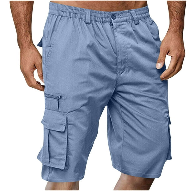 Ceisia Men's Solid Color Cargo Shorts, Multi-Pocket Elastic Waist Button Fly Casual Shorts for Men Sky Blue XXXL Gifts