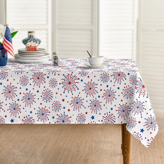 Odenmar 4th of July Patriotic Tablecloth, Firework Star Polyester Table Cover for Independence Day Memorial Day Party Decor, Multiple Sizes Available