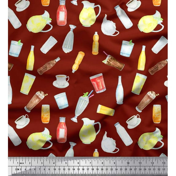 Soimoi Red polyester Crepe Fabric Soft Drink & Glass Kitchen Print Fabric by the Yard 42 Inch Wide