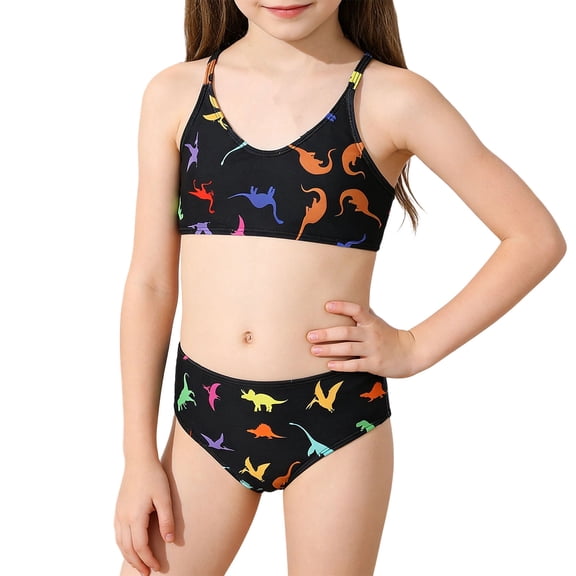 HAOTAGS Girls Two Piece Swimsuit Set,Quick Dry Halter Strapsswimsuit Printed Comfort Swim Suit Black 11