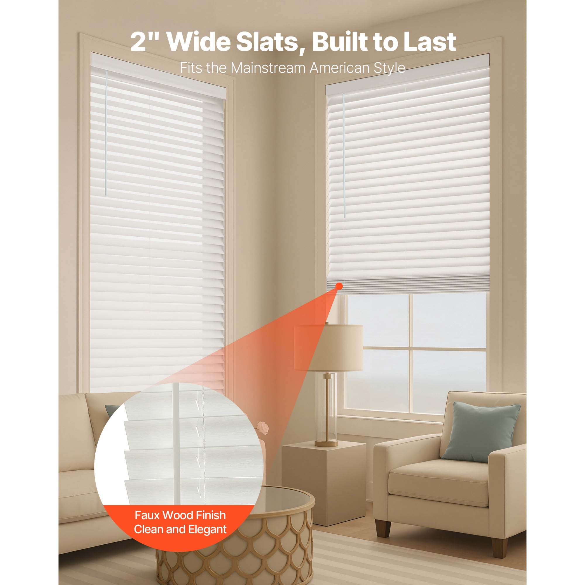 KFFKFF Cordless Faux Wood Blinds, 2" Slats, 34.5" W x 60" H, Window Shades with Decorative Valance, Easy to Maintain and Adjust Light, Ideal for Room Darkening and Home Interiors, White