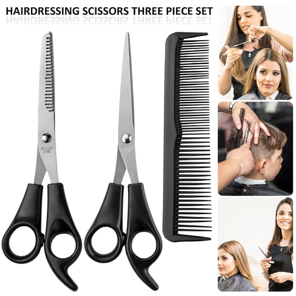 Vensio -3Pcs Professional Hair Cutting Scissors Set with Thinning and Flat Shears, Stainless Steel Haircut Kit with Styling Comb for Home and Salon Barber Use, Black