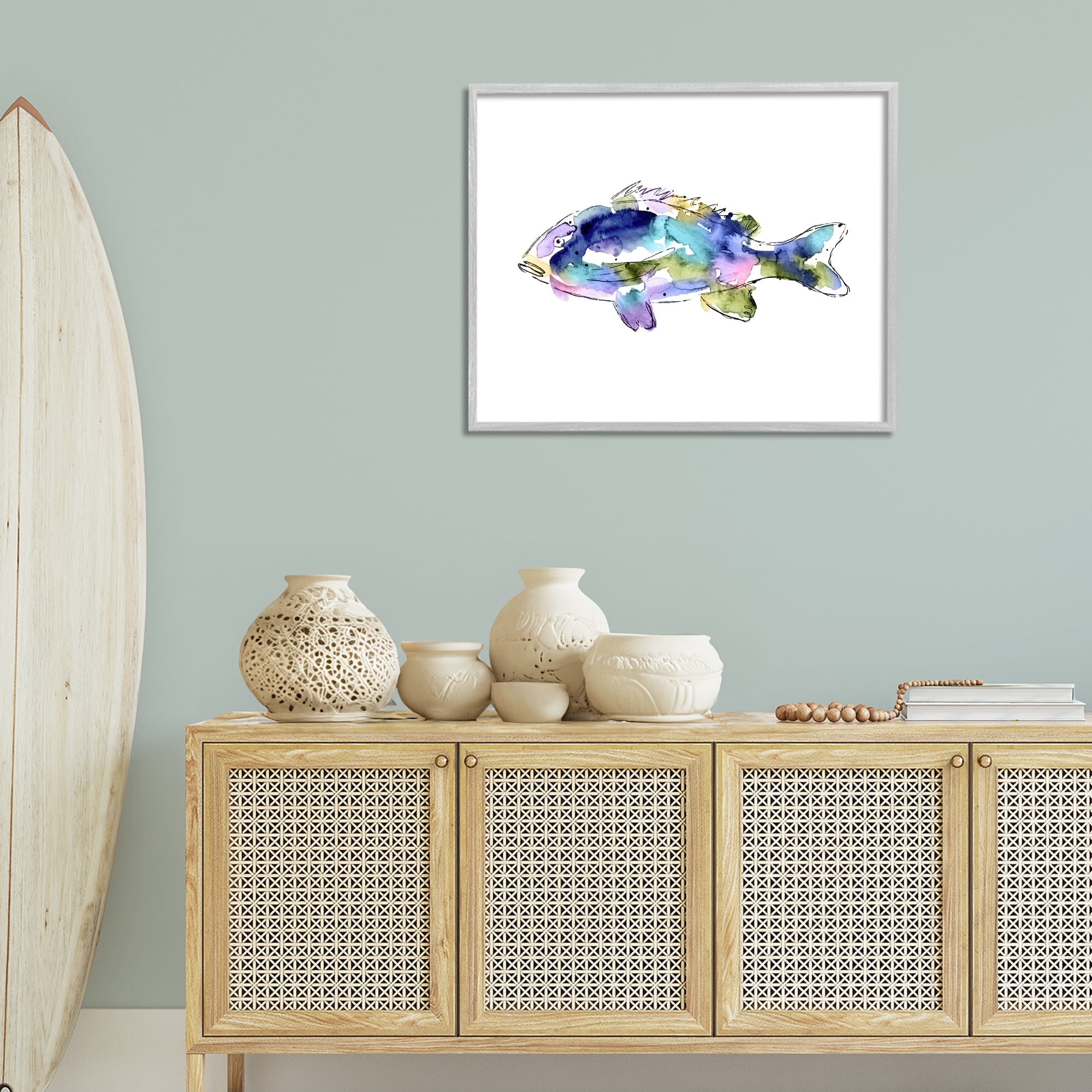 Stupell Industries Watercolor Style Fish Animals & Insects Painting Gray Framed Art Print Wall Art, 30 x 24
