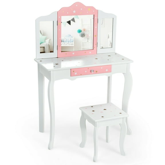 Gymax Kids Vanity Princess Makeup Dressing Table Chair Set W/ Tri-folding Mirror White