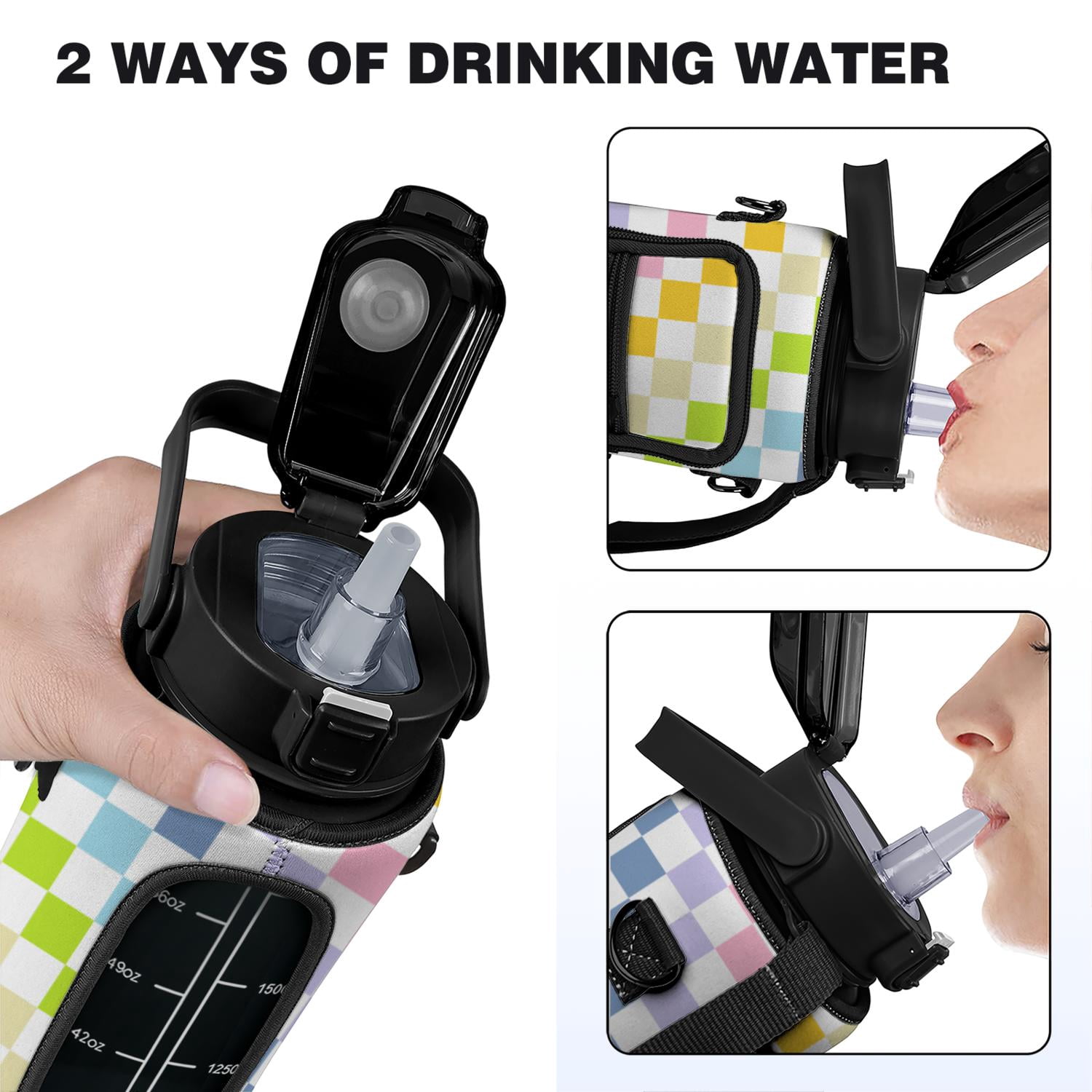 Rainbow Checkerboard 64 Oz Water Bottle with Measurements - BPA Free Leakproof Sport Large Plastic Water Bottle with Straw Strap & Insulated Neoprene Holder Carrier Bag Great Gift for Women Men
