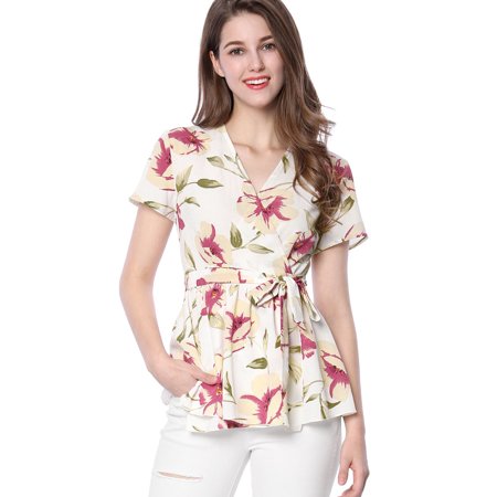 - Unique Bargains Women's V-neck Floral Print Self-tie Waist Wrap Peplum Top White (Size XS / 2)