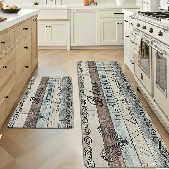 MeyJey Farmhouse Kitchen Rug Set of 2, Non-Slip Anti-Fatigue Waterproof Cushioned Mat for Kitchen, Dining & Laundry Room, 20"x31.5" 20"x59" Teal/Brown/Beige