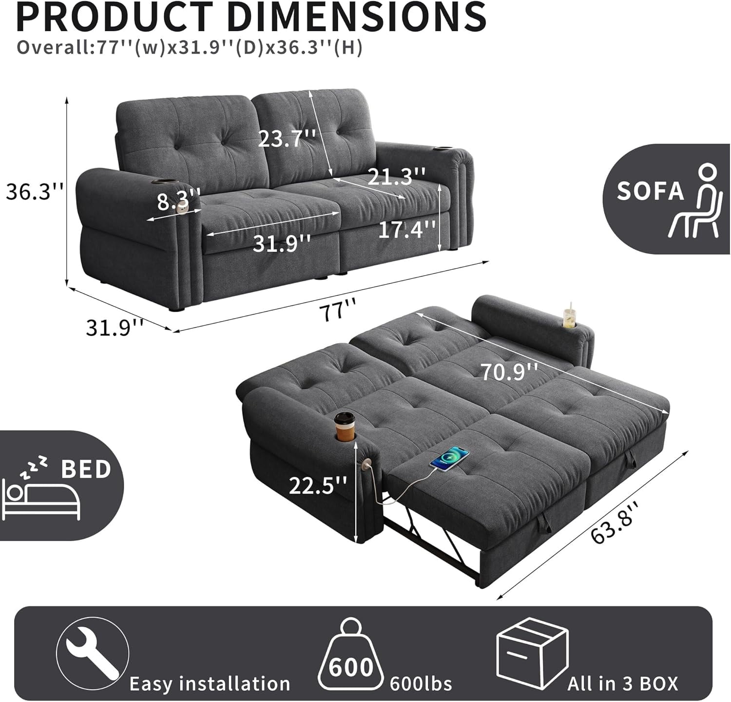 77" Queen Size 3-in-1 Convertible Sleeper Sofa Bed, Chenille Couch with Adjustable Backrest, Cup Holders & USB Ports