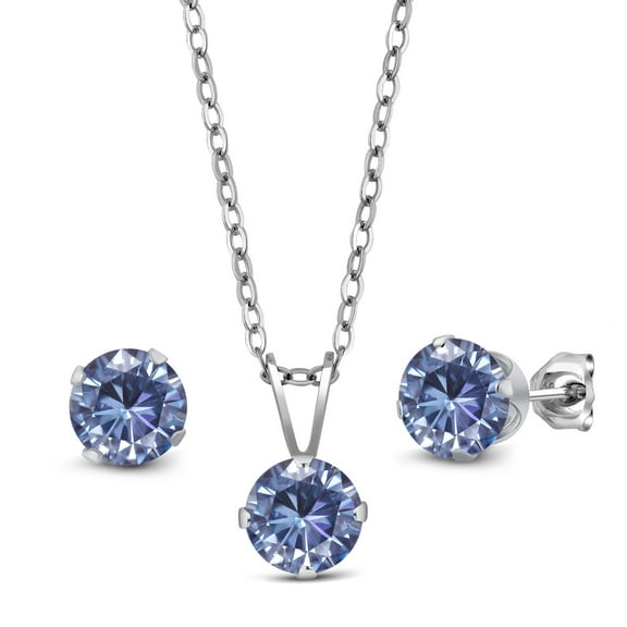 Gem Stone King 925 Sterling Silver Pendant and Earrings Jewelry Set Persian Blue Round Moissanite (2.40 Cttw)