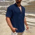 thumbnail image 3 of YUGYXL Linen Shirts for Men Band Collar Button Up Henley Shirt Beach Casual Short Sleeve T-Shirt Fashion Linen Blouse Navy S, 3 of 5