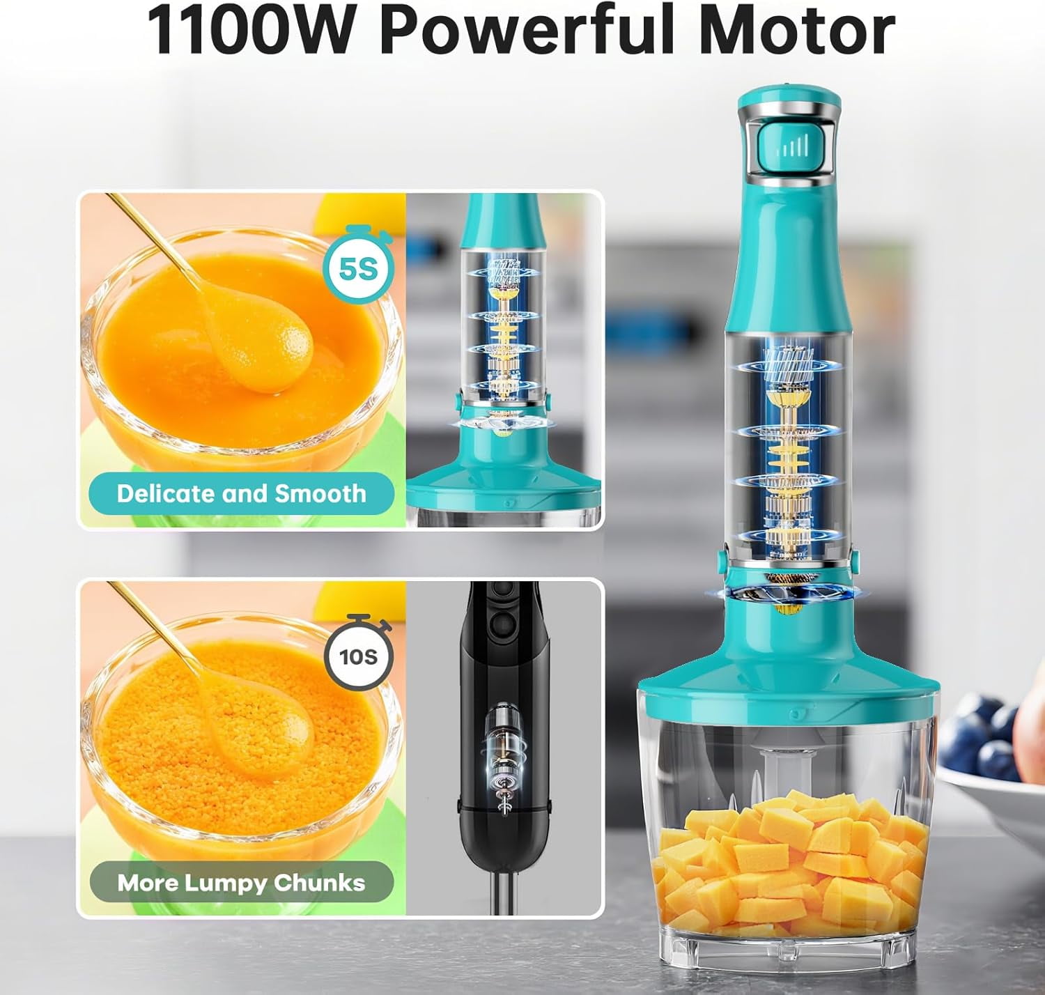 1100W 5-in-1 Handheld Immersion Blender, Variable Speed Corded Stick Blender with Chopper Whisk and Frother