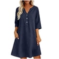 thumbnail image 2 of ClodeEU Women's Linen Blend V Neck 3/4 Sleeve Half Button Midi Dress with Pockets ,Solid Color Casual Summer Dress Navy,Women's Plus L, 2 of 5