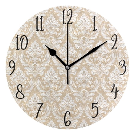 Round Art Wall Clock Vintage Oil Painting Texture Decorative Clock Black Pointer, Multi-Purpose Desktop & Hanging Creative Decor Clock for Home Living Room Cream Damask Timeless Motif