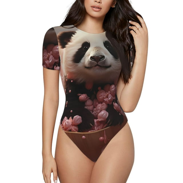 Bingfone Mignon Motif Panda Nuage Justaucorps à Col Rond pour Femmes, Justaucorps à Manches Courtes avec Boutons-Pression Serrés, Adapté pour Fête, Sport, Usage Quotidien-Petit