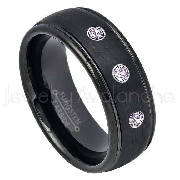 8mm Dome Tungsten Wedding Band - 0.21ctw Amethyst 3-stone Band - Personalized Tungsten Wedding Ring - Custom Made February Birthstone Ring TN664BS