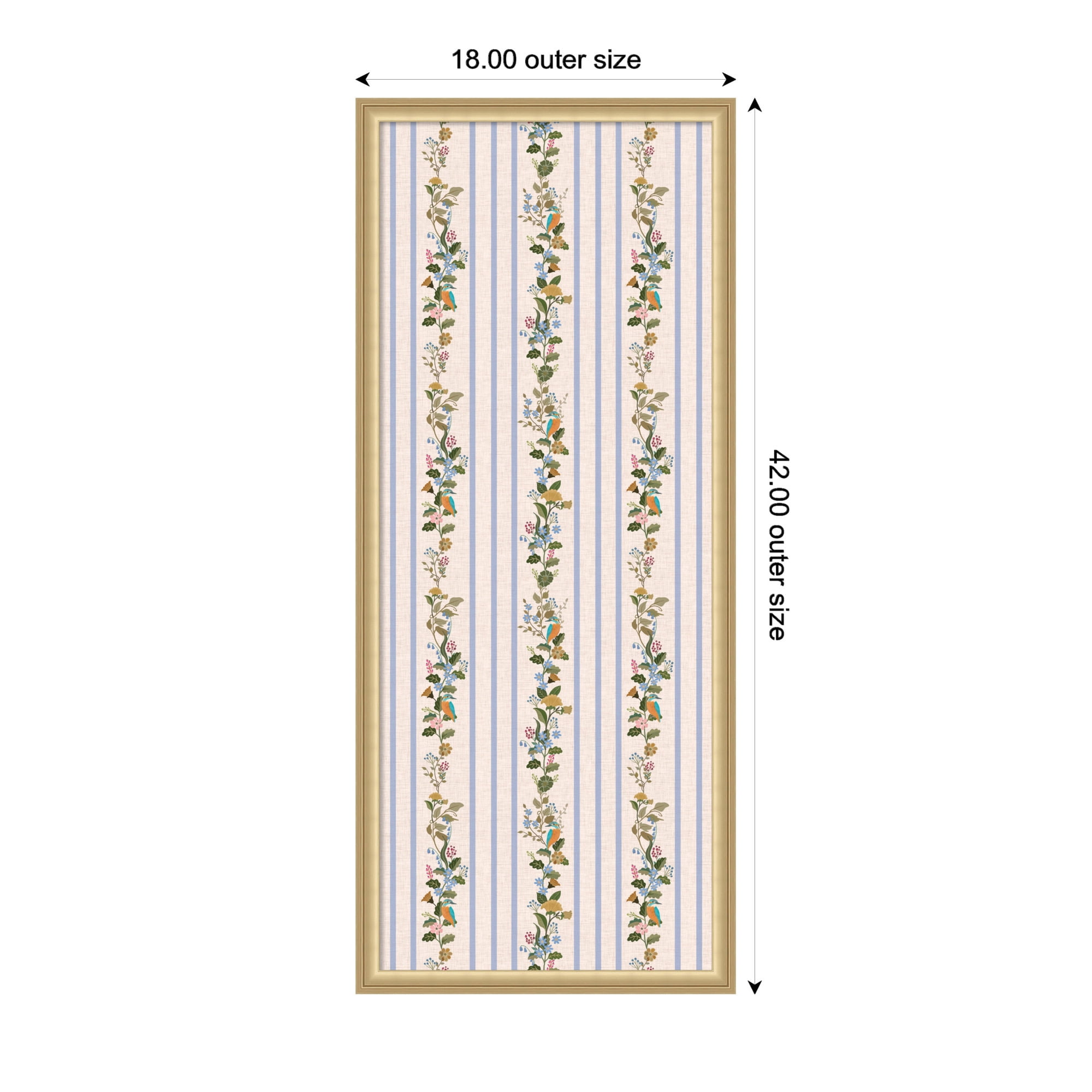 Kate and Laurel Framed Fabric Pinboard 18 x 42, MC Striped Botanical Birds Singing Printed Linen Casual Transitional Bulletin Board for Use as a Vision Board or Wall Organization, Florence Gold Frame