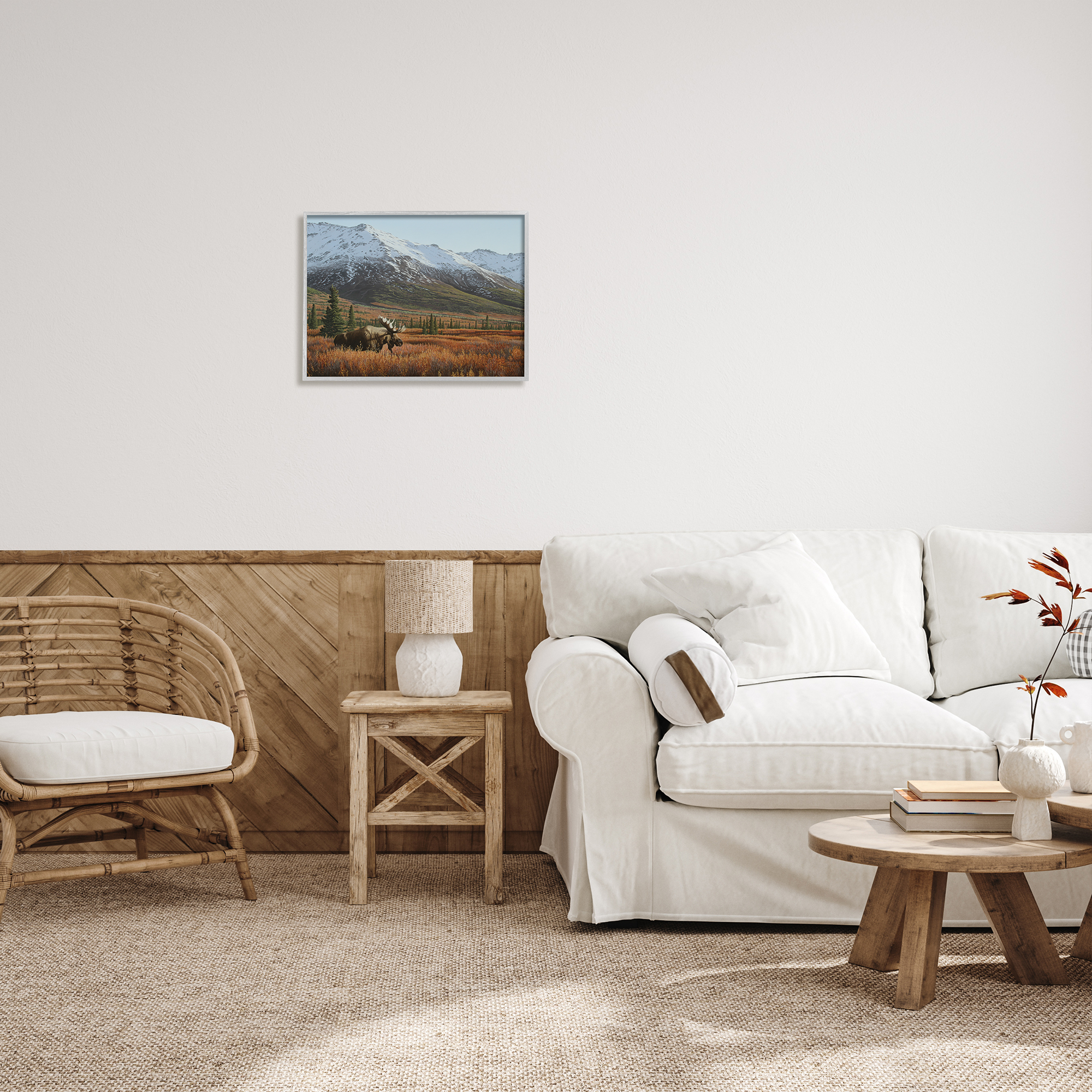 Stupell Industries Moose Rural Mountain Landscape Nature Painting Gray Framed Art Print Wall Art, 20 x 16