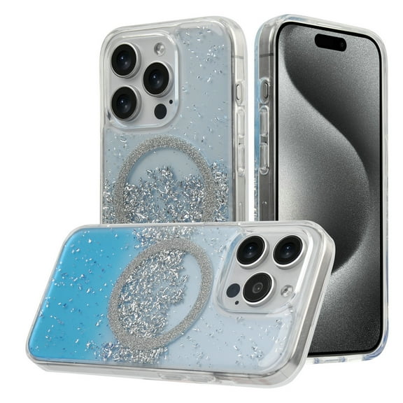 For Apple iPhone 15 Pro Max Transparent Clear Bling Glitter Magnetic Circle Compatible with MagSafe Charger Hybrid Slim TPU Cover ,Xpm Phone Case [ Silver / Blue ]