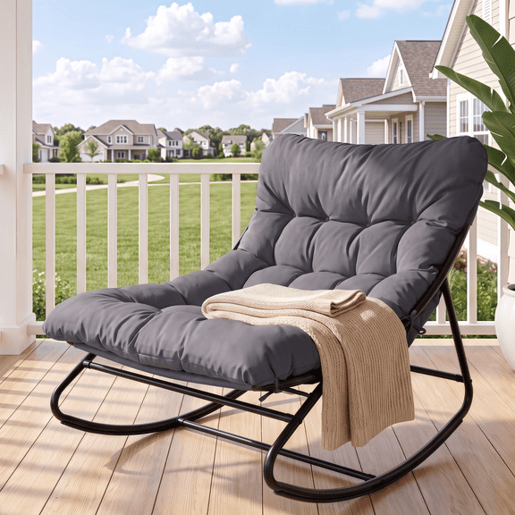 Arlopu Outdoor Papasan Rocking Chair, Oversized Padded Lounge Rocker with Cushion, Comfy Wicker Egg Lounge Chair, Large Indoor Rocking Recliner for Garden Porch Lawn Balcony