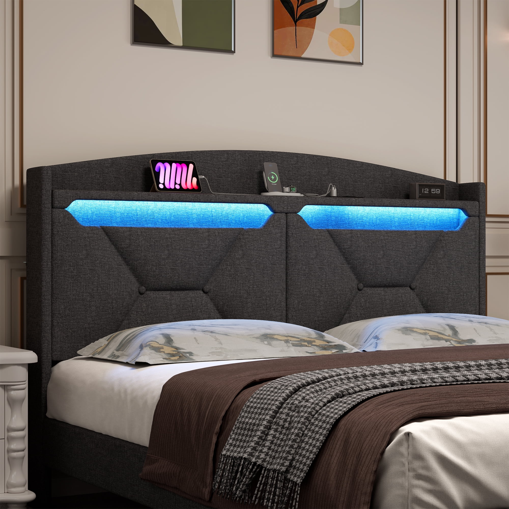 Gewnee Full Size Upholstered Linen Bed Frame with Storage Headboard, 2 Drawers & Charging Station, No Box Spring Needed, Grey