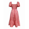 thumbnail image 5 of Womens Red Gingham Plaid Boho Midi Dress With Puff Sleeves Cinched Waist &, 5 of 6