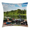 thumbnail image 1 of Hunting Decor Throw Pillow Cushion Cover, Fishing Tackle on a Pontoon Lake in the Woods Trees Greenery Freshwater Hobby, Decorative Square Accent Pillow Case, 18 X 18 Inches, Multicolor, by Ambesonne, 1 of 2