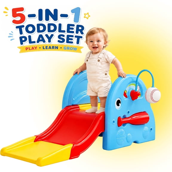 ICEELF 5-in-1 Kids Slide for Toddlers Ages 1-3, Indoor Outdoor Baby Slide with Basketball Hoop, Golf & Baseball Set, Blue
