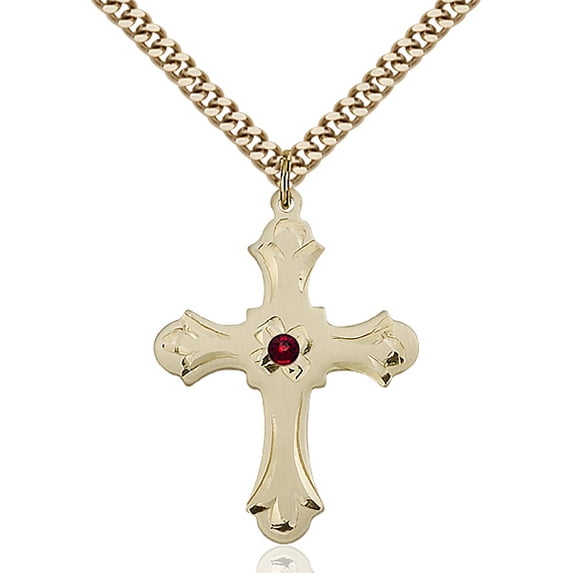 Gold Filled Cross Pendant with 3mm January Red Swarovski Crystal 1 1/4 x 7/8 inches with Heavy Curb Chain