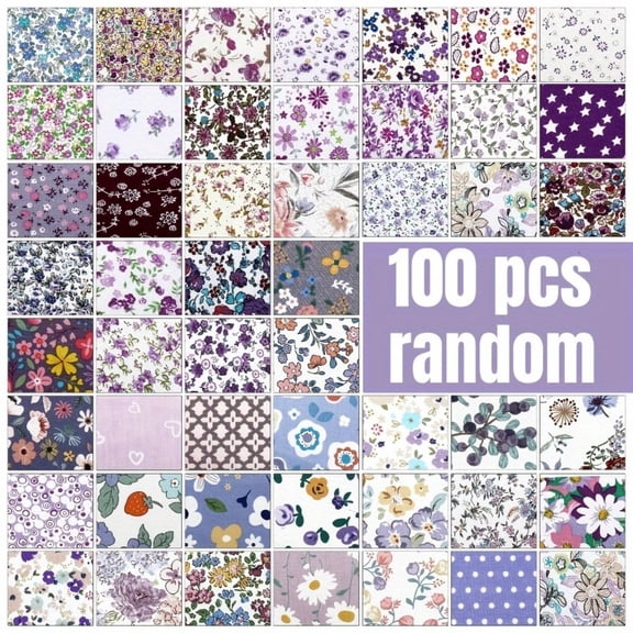 100Pcs 4x4 Pre-cut Fabric Squares, Purple Floral Cotton Patchwork Bundle for Quilting, Sewing & DIY Craft