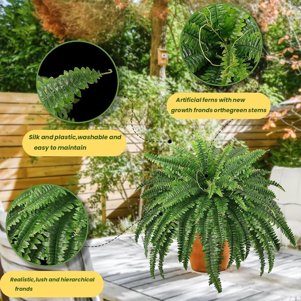 2026 New UV Resistant Lifelike Artificial Boston Fern, Faux Boston Ferns for Outdoor Planter Large, 38/60/88 Leaves Silk Ferns Hanging Baskets for Porch Window Home Decor