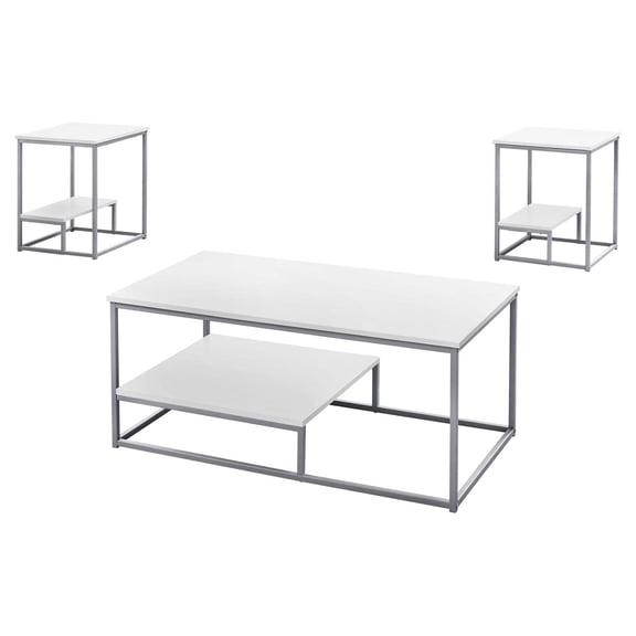 Pemberly Row Modern 3 Piece Coffee Table Set in White and Silver