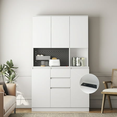 Aukfa 74" Freestanding Kitchen Pantry Cabinet，Freestanding Hutch with Power Outlet - White