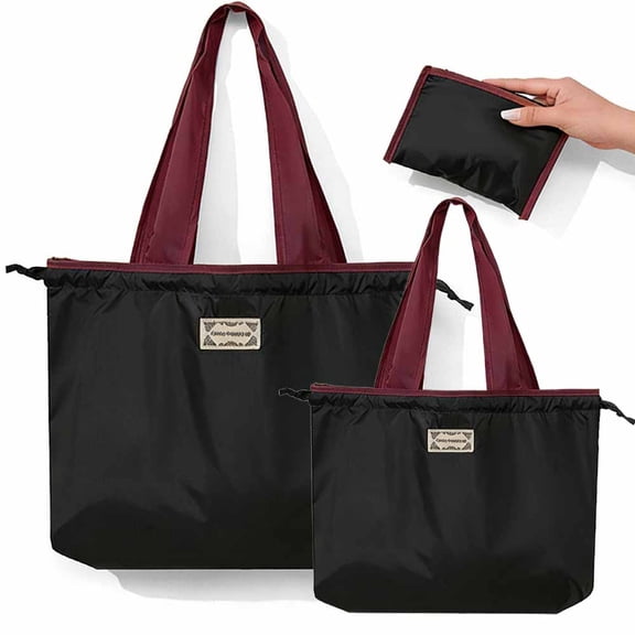 Foldable Reusable Grocery Bag with Pocket, Durable, Washable Tote for Easy Carry, One Big & One Small